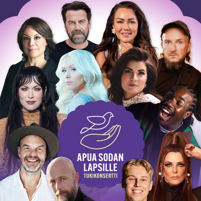 Kuva jossa 12 suomalaista artistia ja keskellä kuva rauhankyyhkystä ja teksti "Apua sodan lapsille konsertti". 