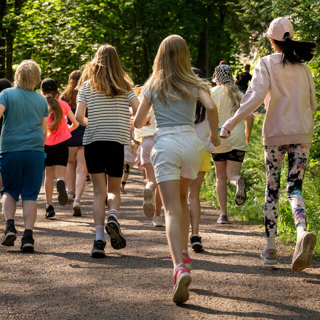 Joukko koululaisia juksee metsätiellä.
