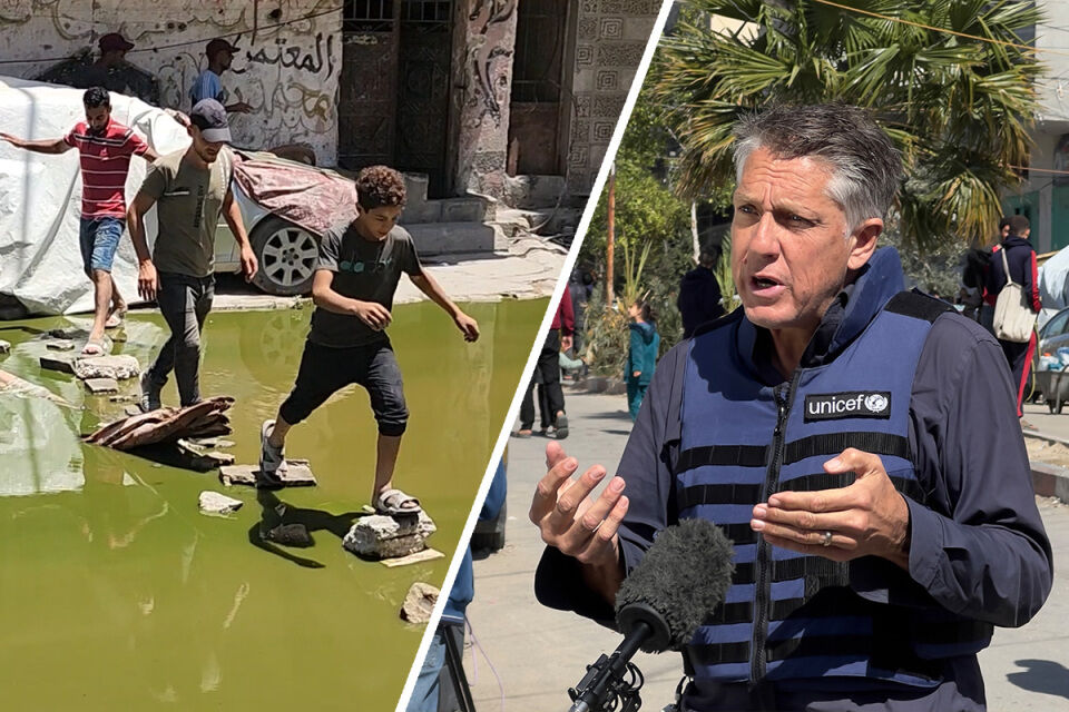 Lapset kulkevat likaisen veden yli.