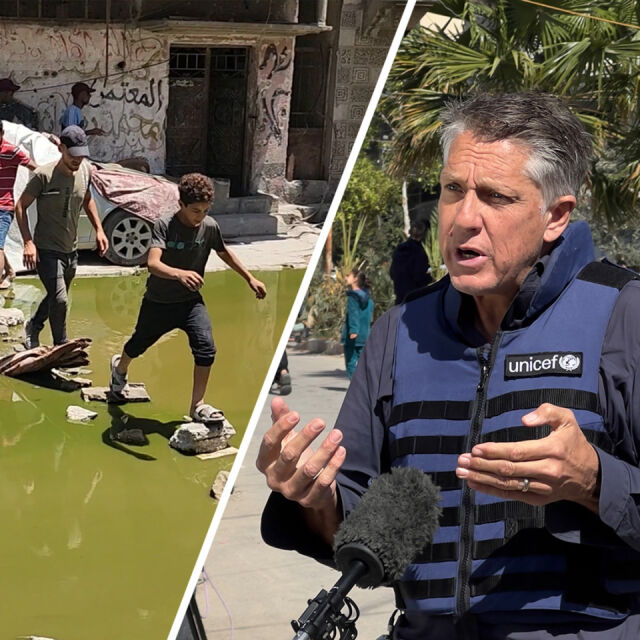 Lapset kulkevat likaisen veden yli.