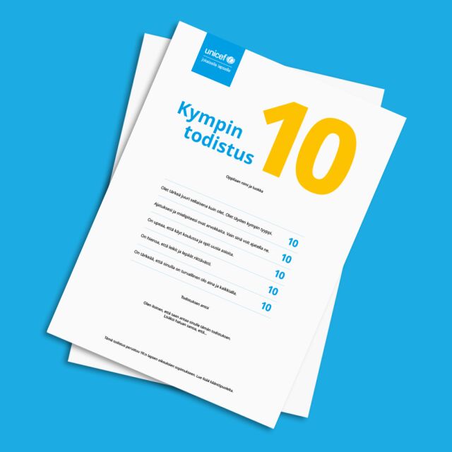 Kympin todistus sinisellä pohjalla.