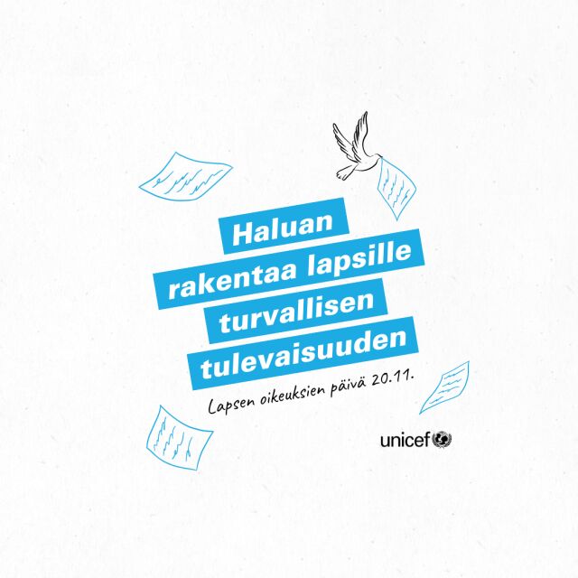 Haluan rakentaa lapsille turvallisen tulevaisuuden. Papereita ilmassa ja kyyhkyn nokassa yksi paperi.
