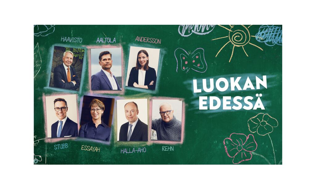 Suomen presidentin vaalien ehdokkaiden kuvat ja teksti "luokan edessä".