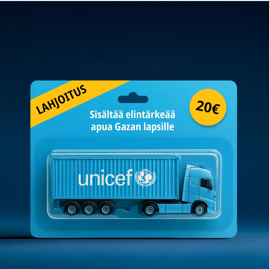 Kuva lelupaketista, jonka sisällä sininen rekka, jonka kyljessä UNICEFin logo. Pakkauksessa lukee "lahjoitus", "20€" ja "sisältää elintärkeää apua Gazan lapsille".