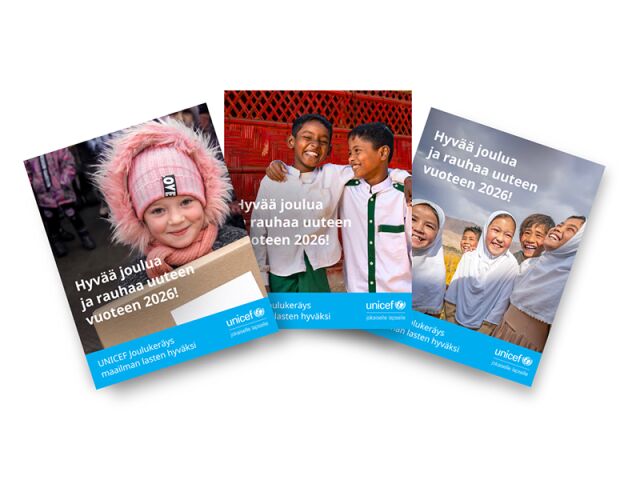 Kuva kolmesta joulukortista, joissa lasten kuvia ja teksti "hyvää joulua ja rauhaa uuteen vuoteen 2026". 