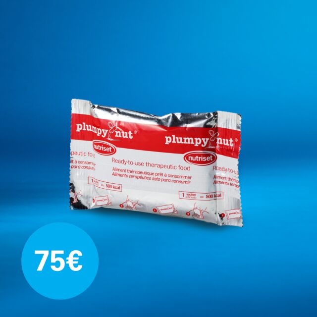 Maapähkinätahnapussi sinisellä taustalla ja luku 75€.