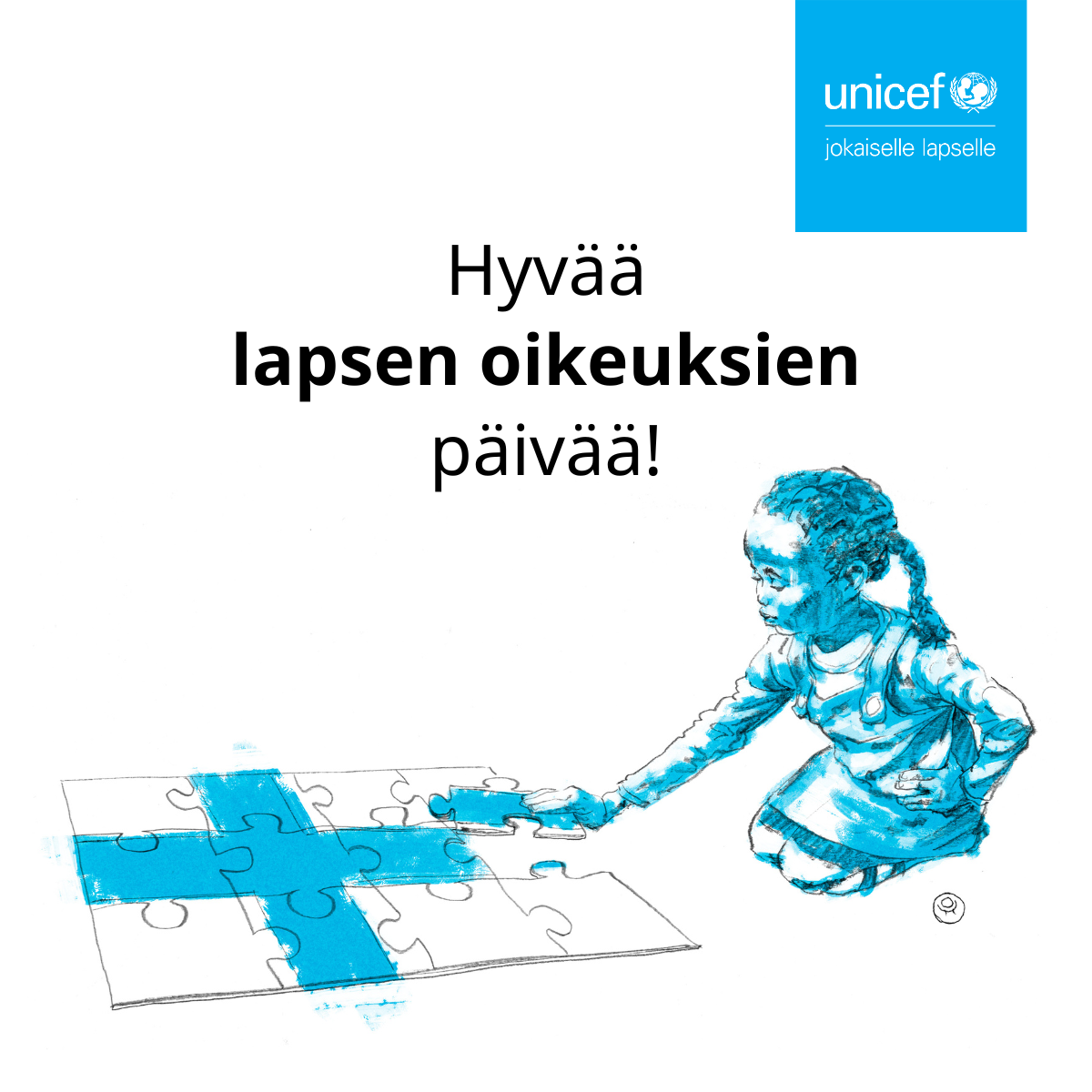 Etnisen näköinen tyttö lisää viimeisen palan palapeliin, josta muodostuu Suomen lippu.