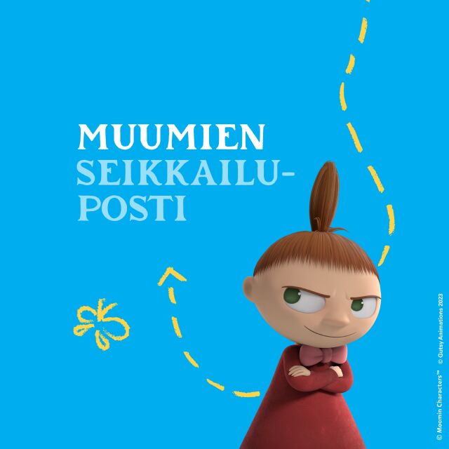 Pikkumyy katselee tekistiä jossa lukee muumien seikkailuposti