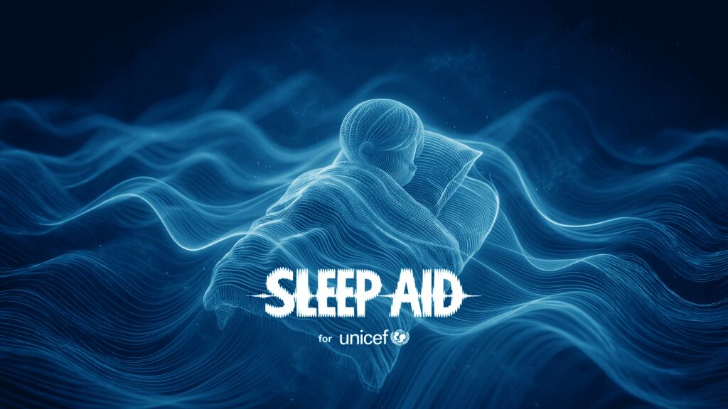Sleep Aid for UNICEF musiikkialbumin kansikuva, jossa nukkuva lapsi ja ääniaaltoja