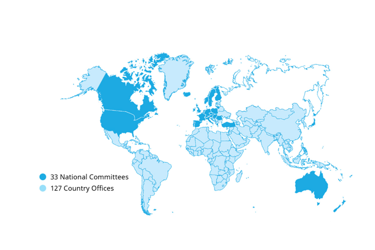 A map of the world shows where UNICEF's 127 country offices and 33 National committees are located.