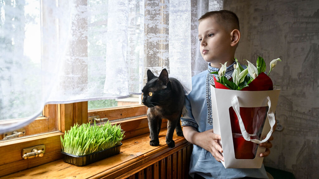 Poika pitää sylissään punavalkoista kukkapakettia ja katsoo ulos ikkunasta kissansa kanssa.