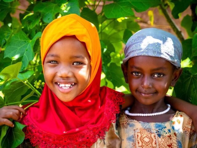 Kaksi hymyilevää tyttöä pensasaidan edessä.